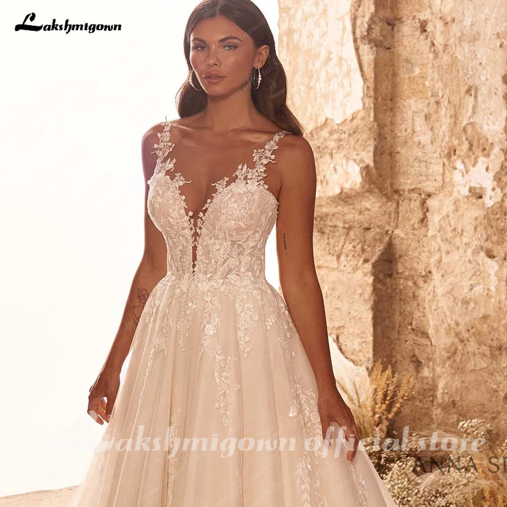 Lakshmigown Custom Vintage Lace Sleeveless V Neck Bridal Gown