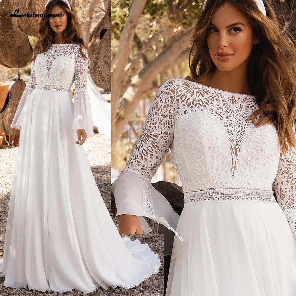 Boho Chiffon Wedding Dress Flare Sleeve Boat Neck Lace Backless Bridal
