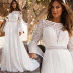 Boho Chiffon Wedding Dress Flare Sleeve Boat Neck Lace Backless Bridal