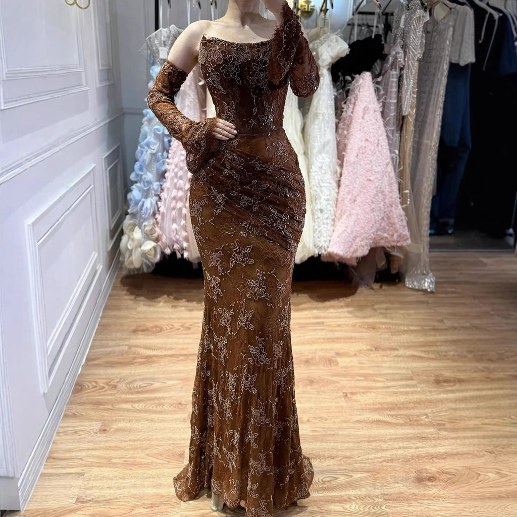 Brown Lace Mermaid Evening Gown For Women Slim Fit Ruched Party Dress