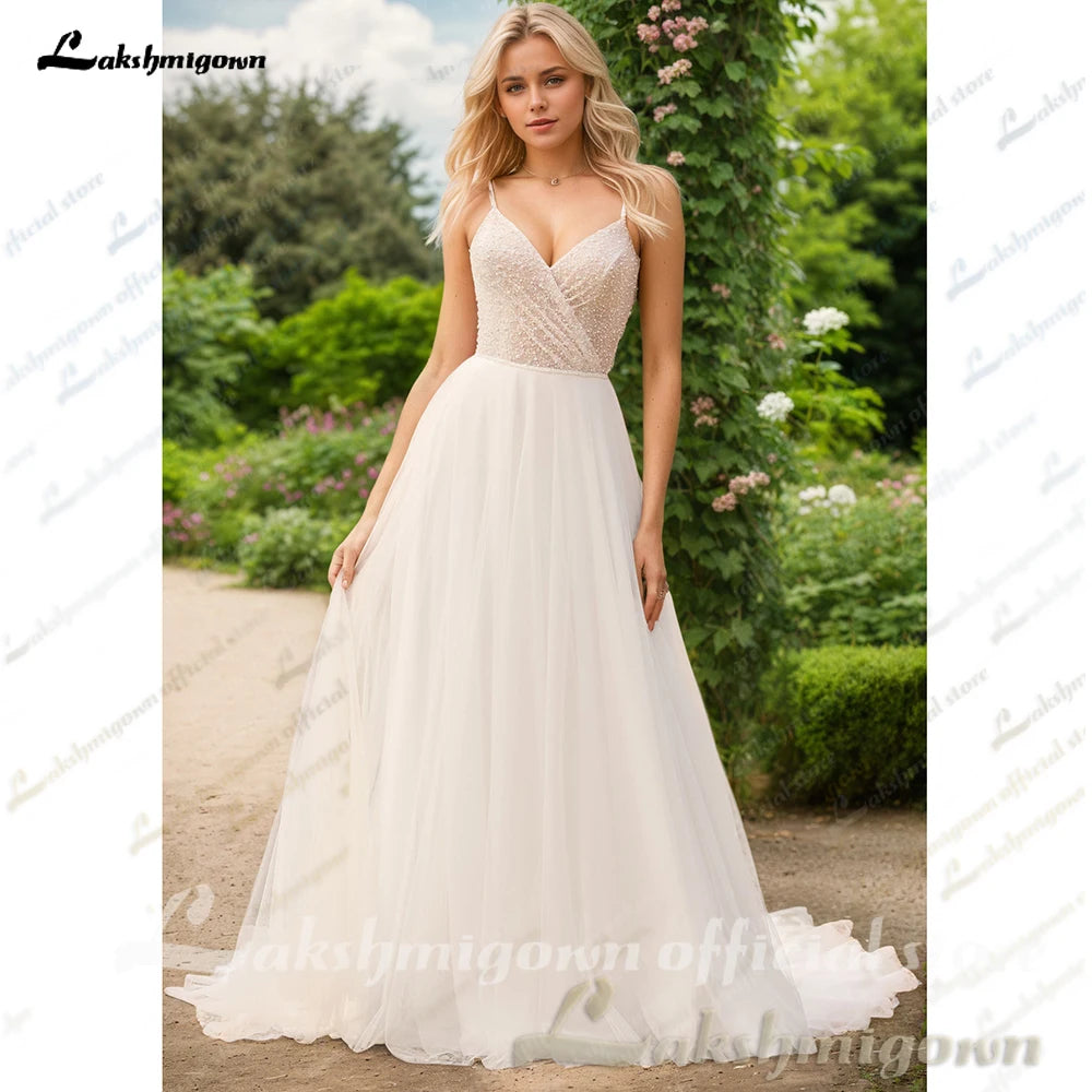 Custom Beach Boho Wedding Dress V Neck A Line Tulle Bridal Gown