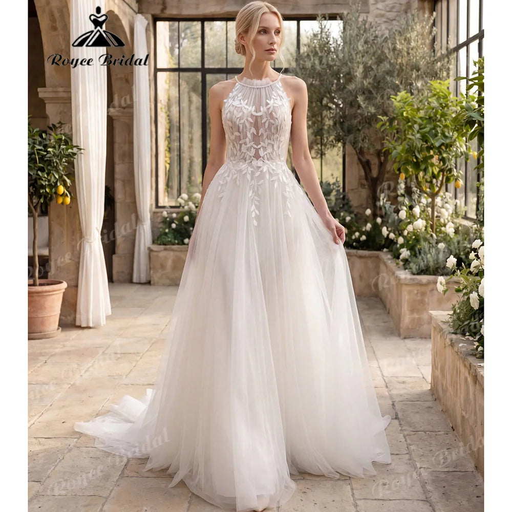 Roycebridal Halter Neck Leaf Lace A Line Wedding Dress With Keyhole Open Back