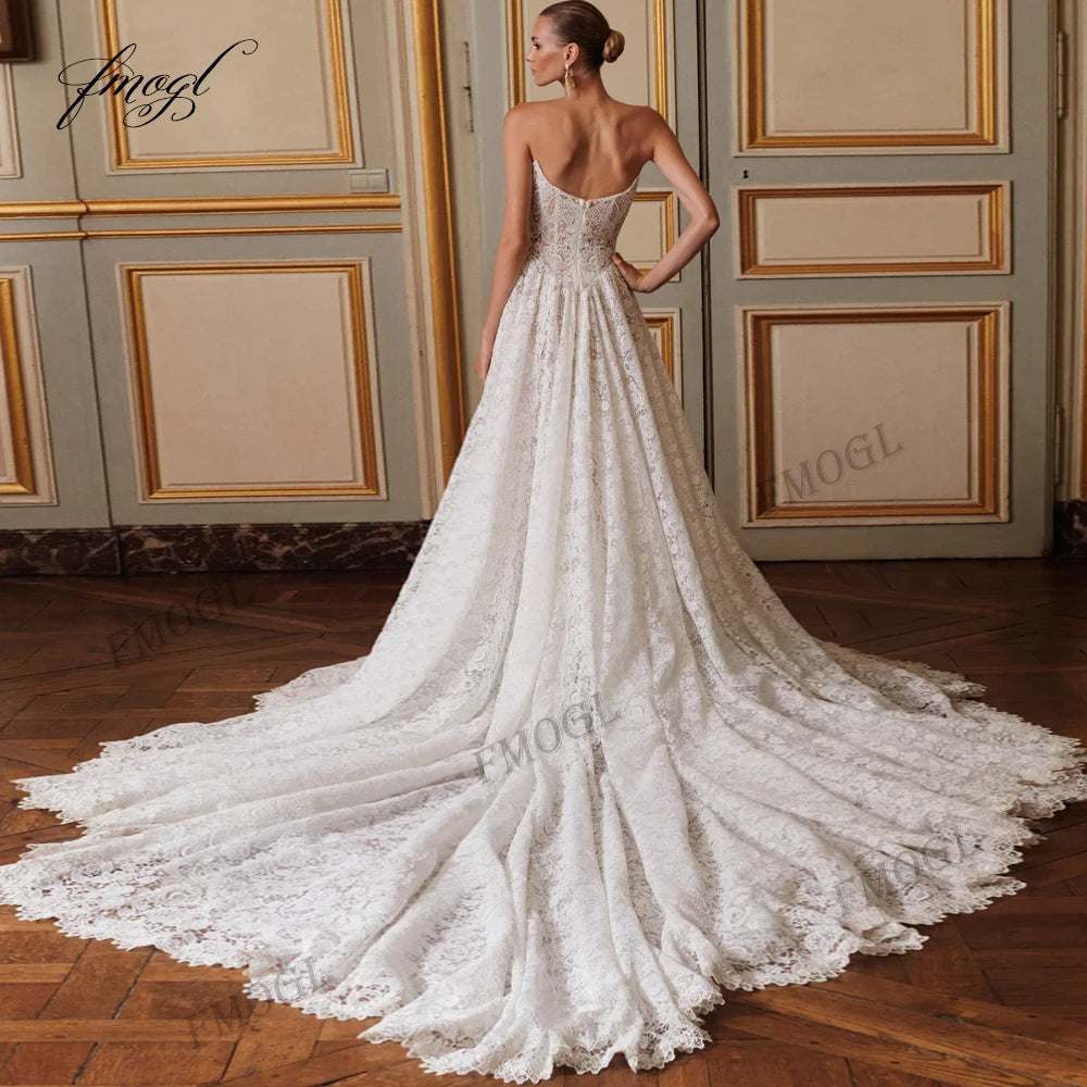 Custom Sweetheart Lace Off The Shoulder Backless Court Train Wedding Dress