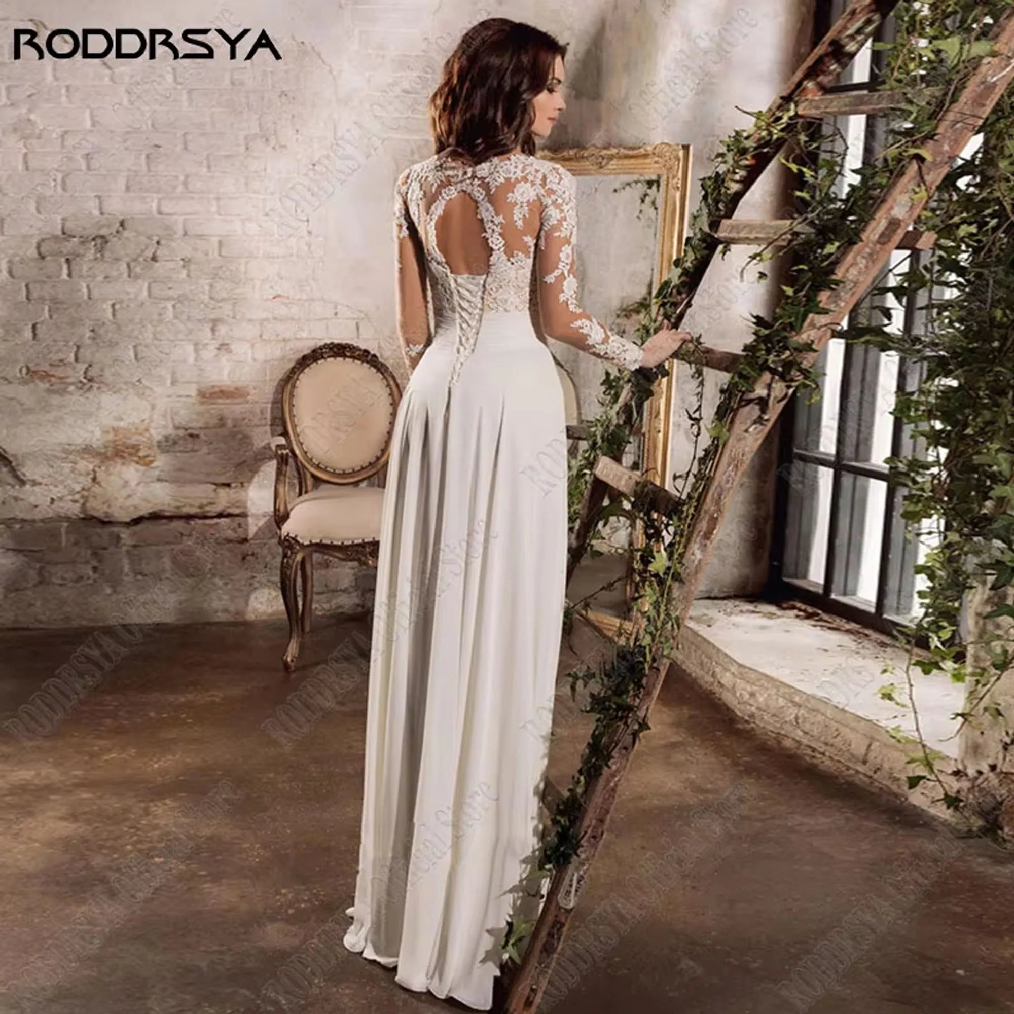 Chiffon A Line Wedding Dress Long Sleeve V Neck Split Appliques