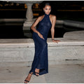 Sexy Halter Backless Long Dress Women Solid Sequin Sleeveless High Waist Slim Fit Dresses 2025 Lady Chic New Evening Party Robes