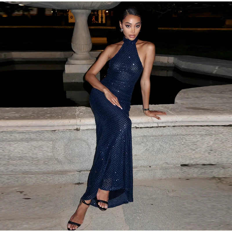 Sexy Halter Backless Long Dress Women Solid Sequin Sleeveless High Waist Slim Fit Dresses 2025 Lady Chic New Evening Party Robes