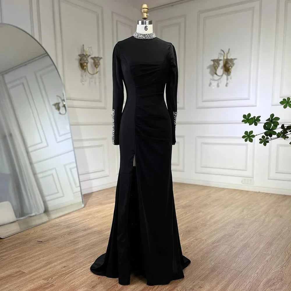 Women Custom Black Satin Mock Neck Mermaid Evening Dress With Split