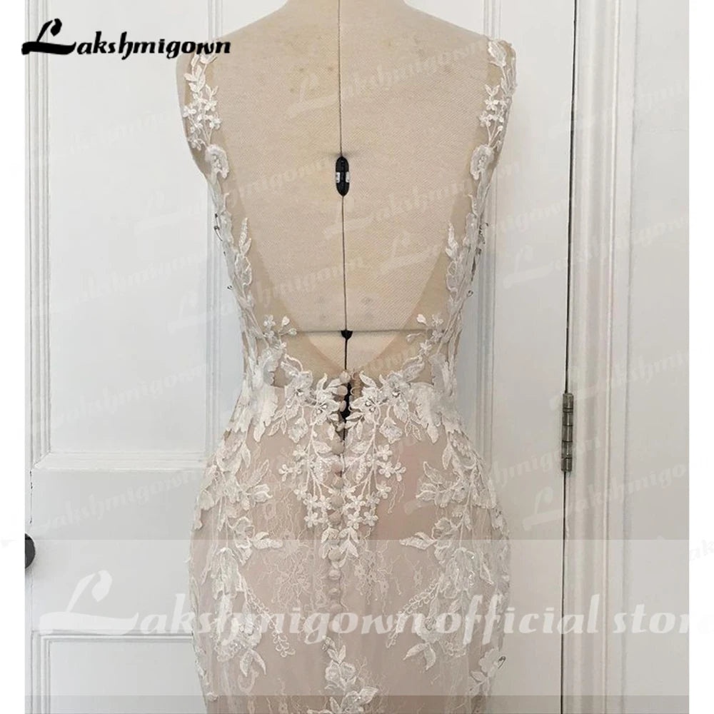 Lakshmigown V Neck Lace Appliques Illusion Court Train Wedding Dress Boho Mermaid/Trumpet Bridal vestido branco Customized