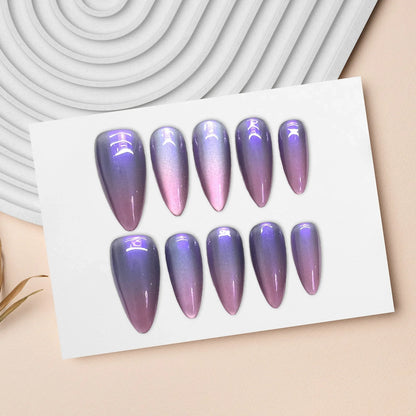 10 uñas postizas brillantes de ojo de gato, color morado nude, almendra, hechas a mano, para uso diario, para fiestas, manicura para mujer. 