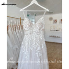 Summer V Neck Lace Appliques Wedding Dress With Side Split Spaghetti Straps