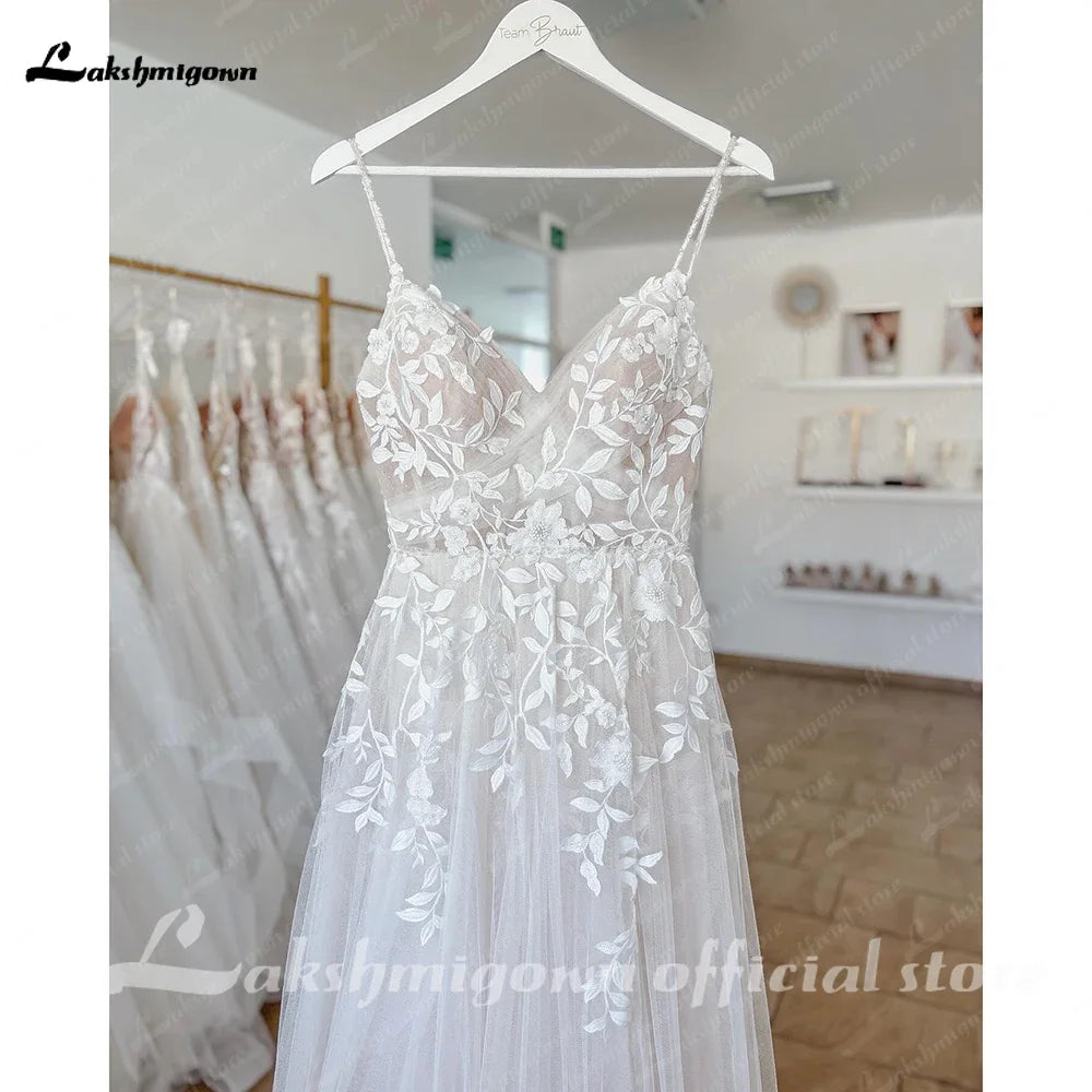 Summer V Neck Lace Appliques Wedding Dress With Side Split Spaghetti Straps