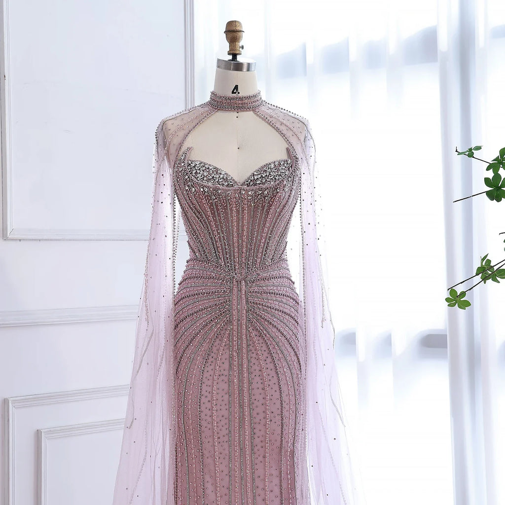 Luxury Dubai Caramel Beaded Evening Dress With Cape LA72811C