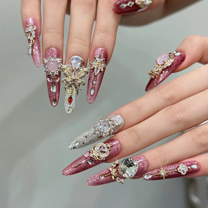 10 uñas postizas románticas rosas brillantes hechas a mano, de lujo, con cristales de imitación brillantes, para usar en uñas postizas. 