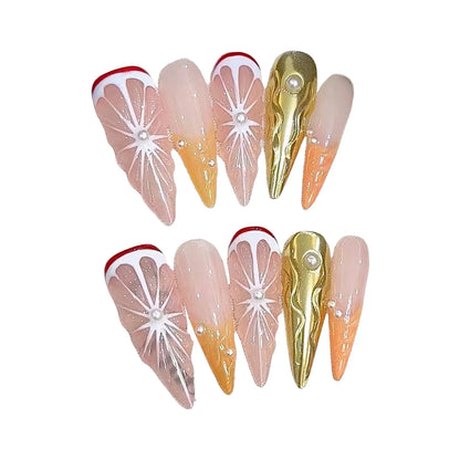 10 uñas postizas hechas a mano con diseños 3D de naranja dulce, reutilizables, largas, estilo stiletto, para salón de belleza. 