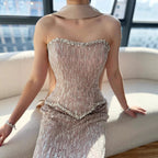 Luxury Beaded Strapless Peplum Evening Gown For Women Formal Wedding Dress