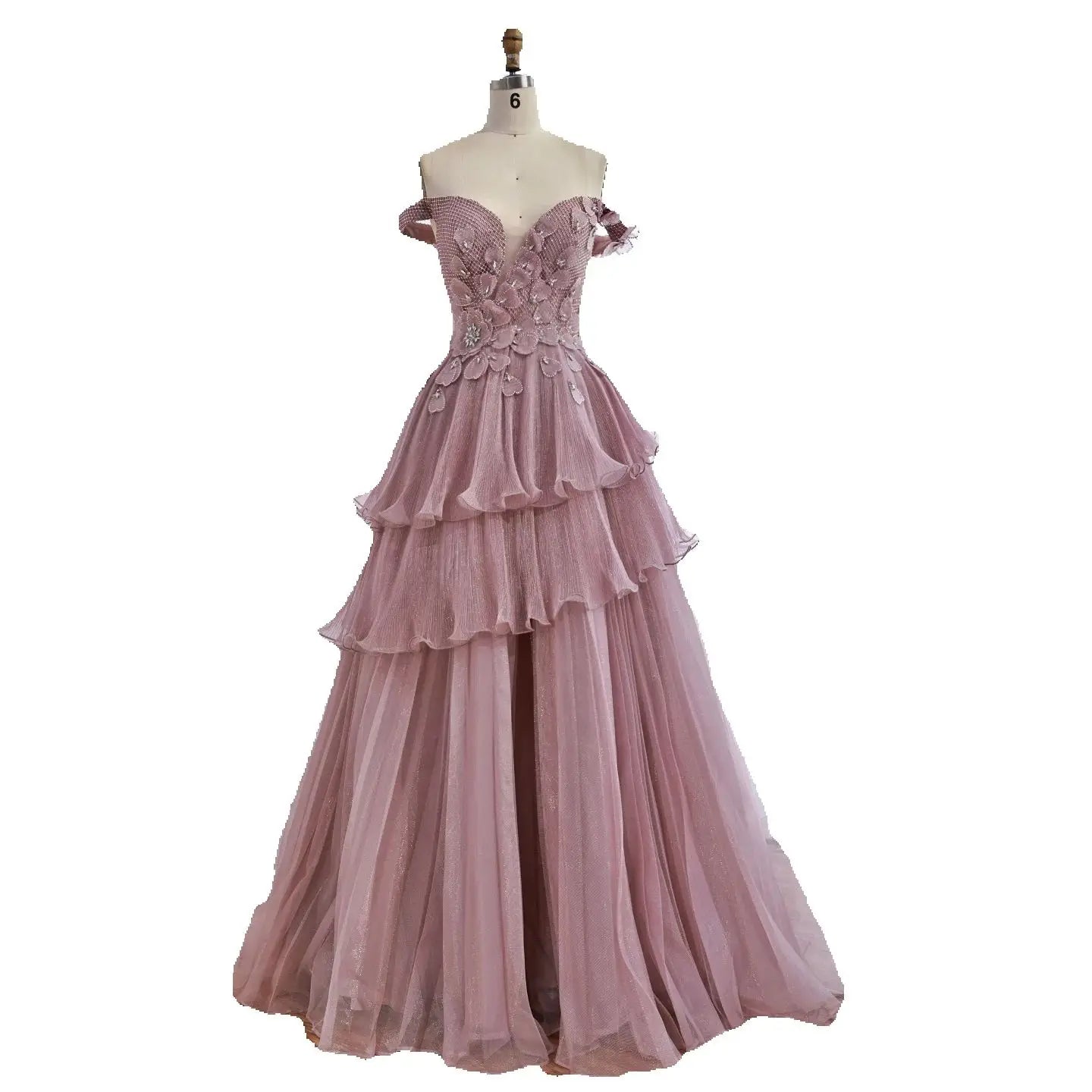 Luxury Pink Dreamy Ruffles Beaded A-Line Evening Dress LA73385