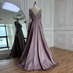 Blue Beaded Satin Evening Dress With Overskirt Long Sleeve Formal Gown