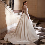 Custom High Neck Long Sleeves Lace Satin Bridal Gown With Sweep Train