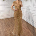Silver Beaded Mermaid Evening Dress High Neck Cap Sleeve Custom Party Gown