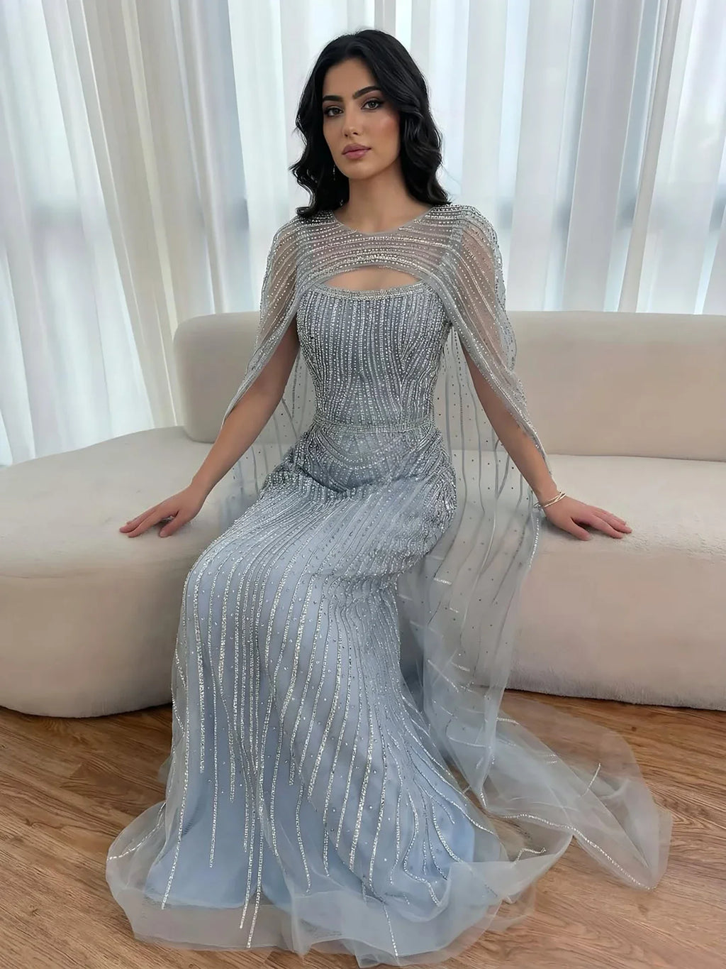 Luxury Blue Diamond Evening Dress With Cape LA73426