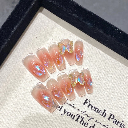 10 uñas postizas de dopamina hechas a mano con diseño de mariposa transparente, con destellos dorados y rosas, con prensa francesa, de diamante y ojo de gato. 