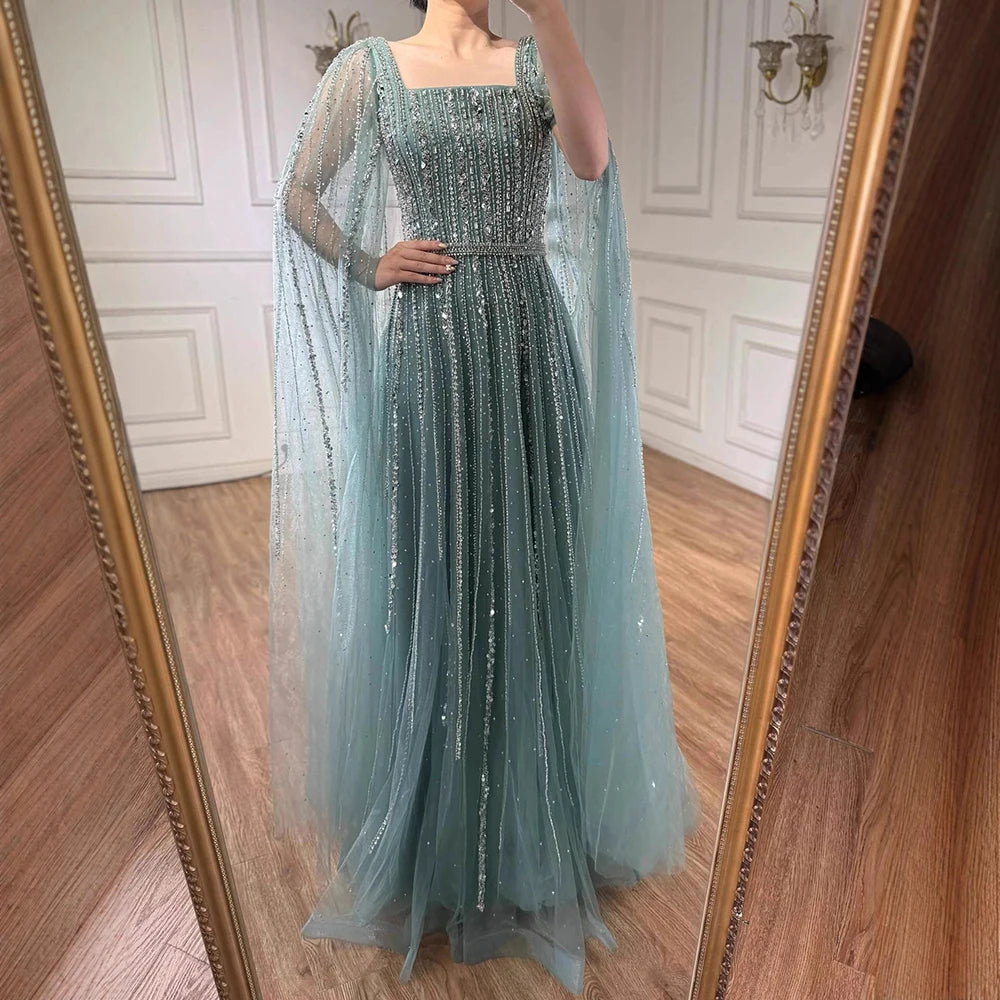 Women Turquoise Beaded Evening Gown Square Collar Cape Sleeves