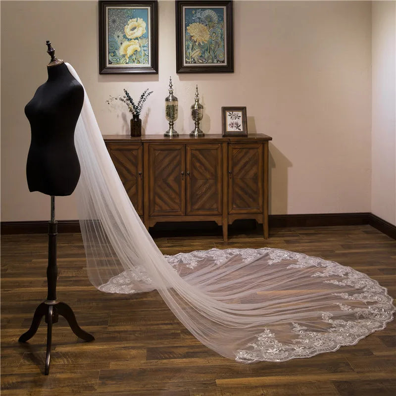 Elegant Cathedral Bridal Veil With Lace Appliques In White Ivory And Black