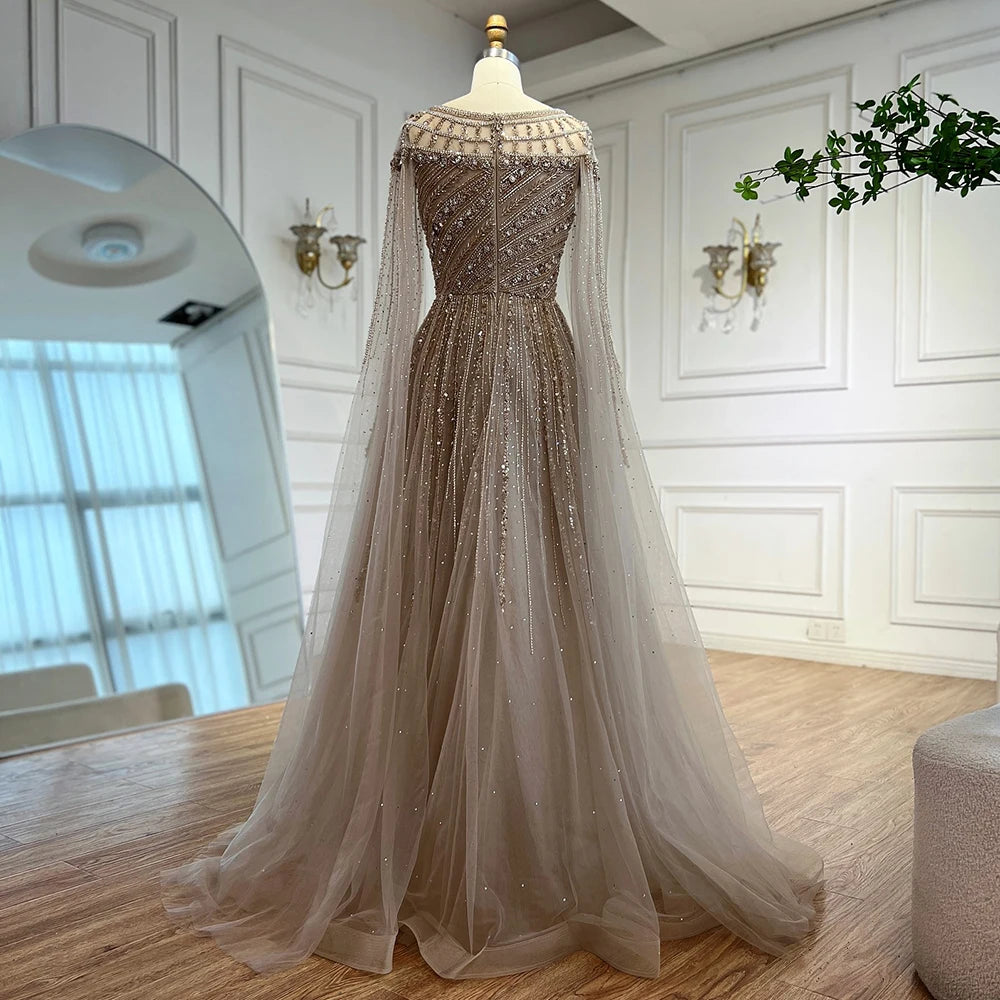 Custom Pink A Line Evening Dress With Beaded Cape Sleeves Formal Gown