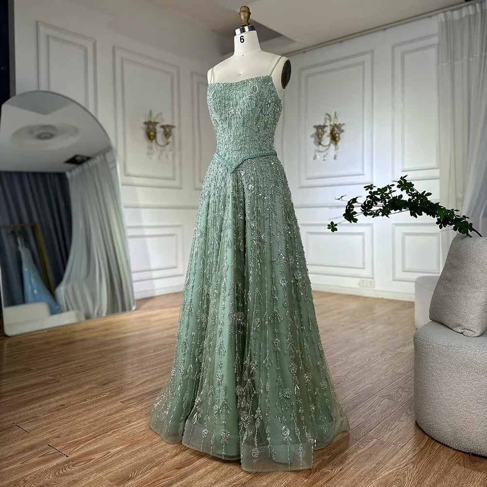 Luxury Sage Green Beaded A-Line Spaghetti Strap Evening Dress LA72805