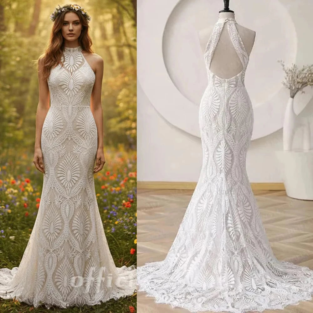 Custom Boho Wedding Dress Halter Lace Backless Beach Bridal Gown For Bride