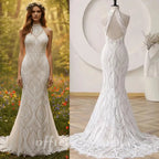 Custom Boho Wedding Dress Halter Lace Backless Beach Bridal Gown For Bride