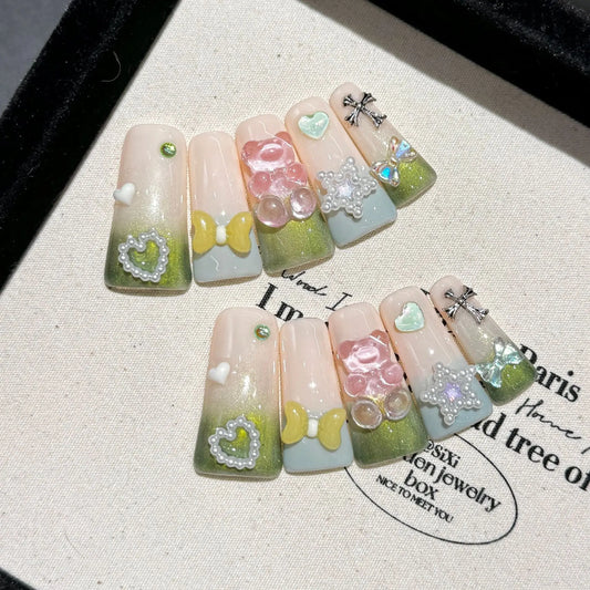 10 uñas postizas francesas con degradado verde, diseño 3D de oso, lazos, perla, estrella, corazón, decoración, hechas a mano, manicura de pico de pato. 