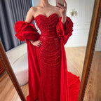 Custom Red Strapless Mermaid Wedding Gown With Pearl Beaded Cape Dress