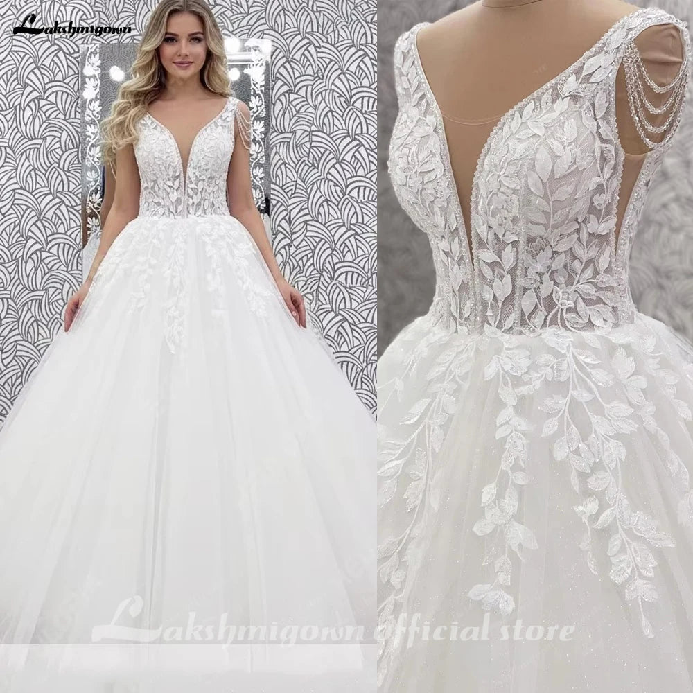 Lakshmigown Custom Beaded V Neck Wedding Dress With Tassel And Lace Up Back