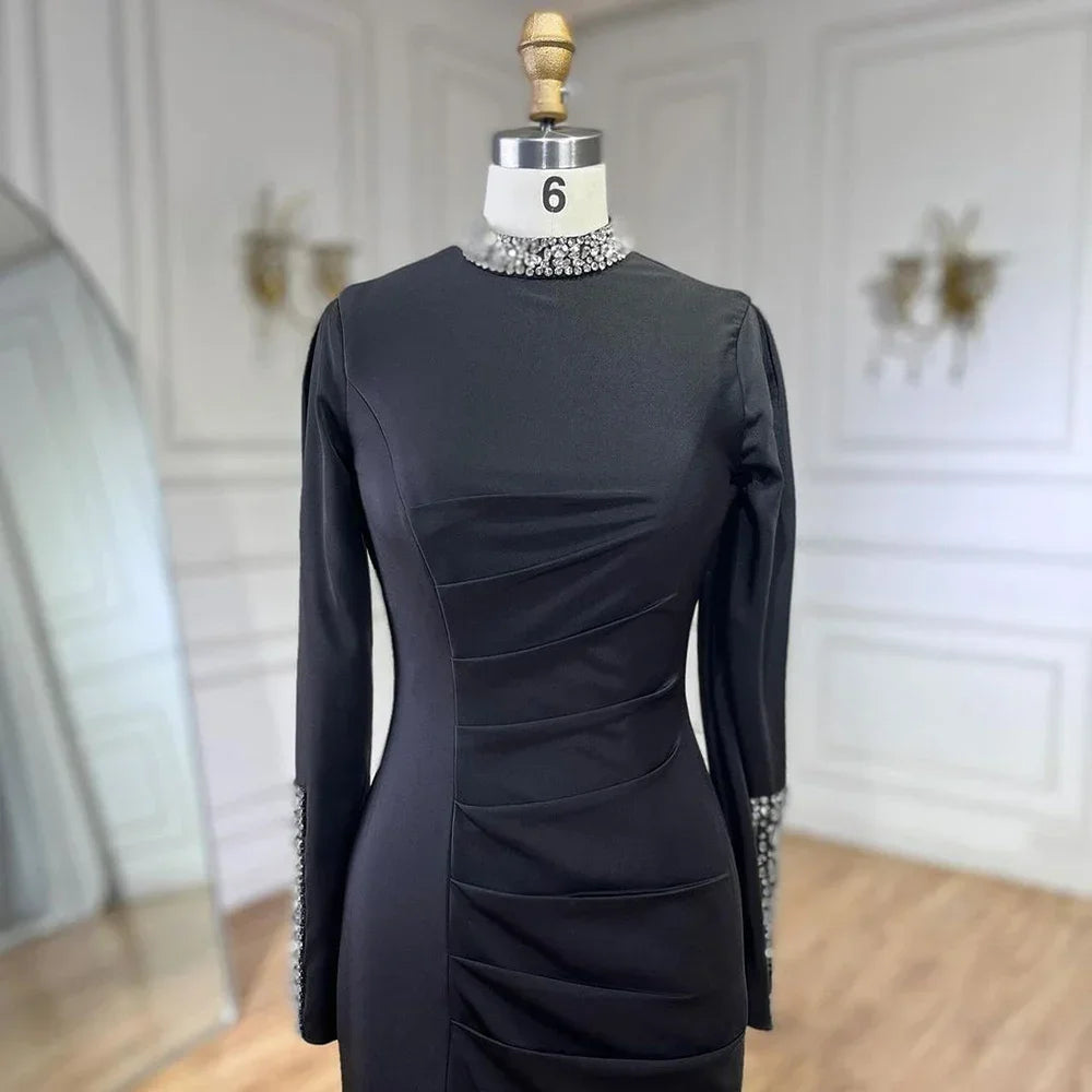 Women Custom Black Satin Mock Neck Mermaid Evening Dress With Split