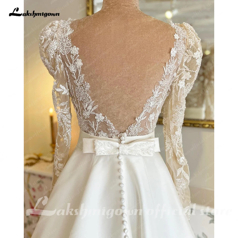Custom Wedding Dress Satin A Line Bridal Gown Lace Long Sleeve Beach Ceremony