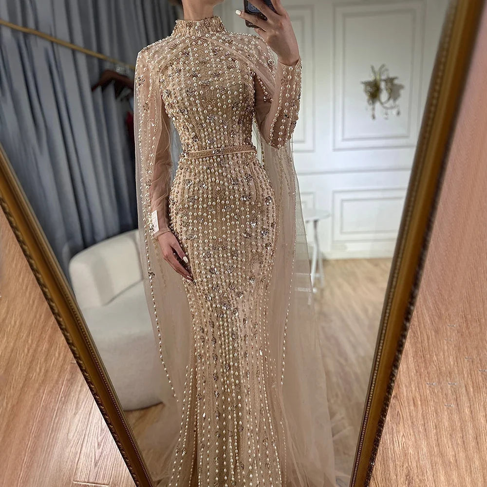Custom Gray Mermaid Gown Cape Sleeves Beaded Pearls Elegant Evening Dress