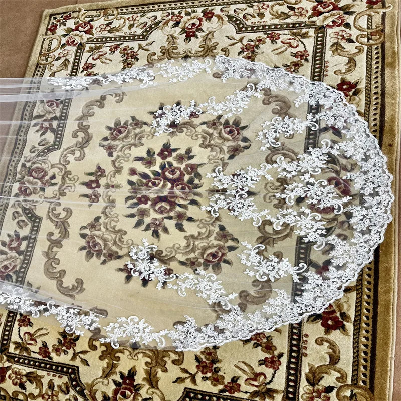 White Ivory Cathedral Bridal Veil With Lace Wedding Applique