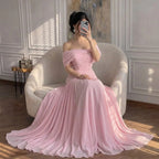 Serene Hill Pink Chiffon Mermaid Evening Gowns 2026 Elegant Mermaid Off-Shoulder Pleated Ruched Prom Dresses LA73347 Customized