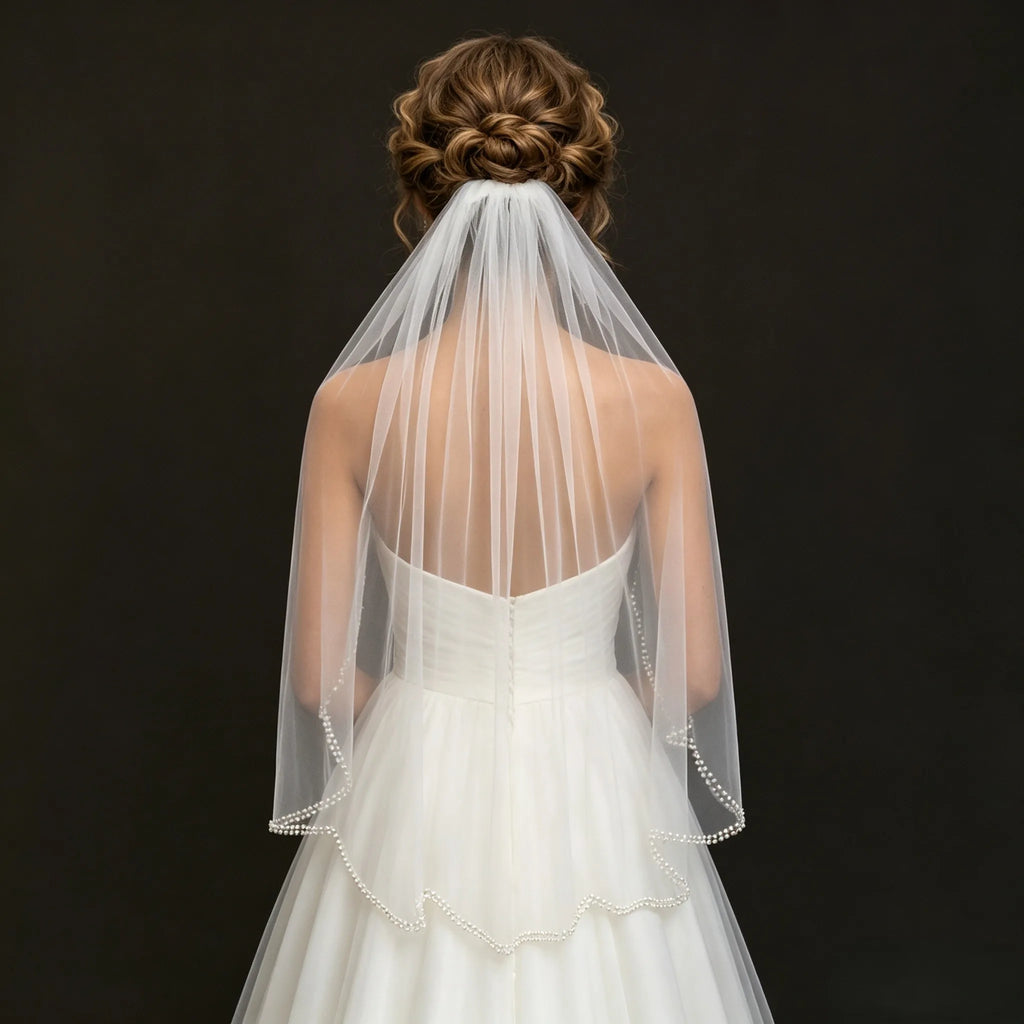 Vintage Pearl Beaded Fingertip Wedding Veil Single Layer Tulle Comb