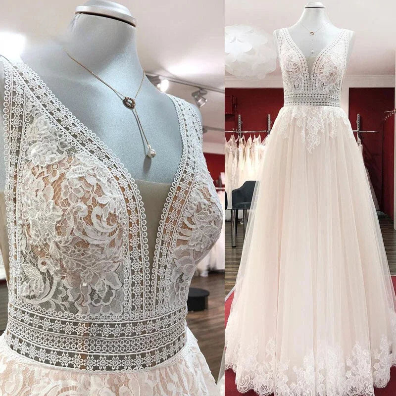 Lakshmigown Boho Champagne Lace V Neck Sleeveless Custom Train Bridal Gown