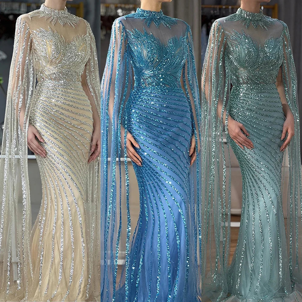 Luxury Dubai  Arabic Nude Mermaid Long Evening Dresses  With CapeLA71885B