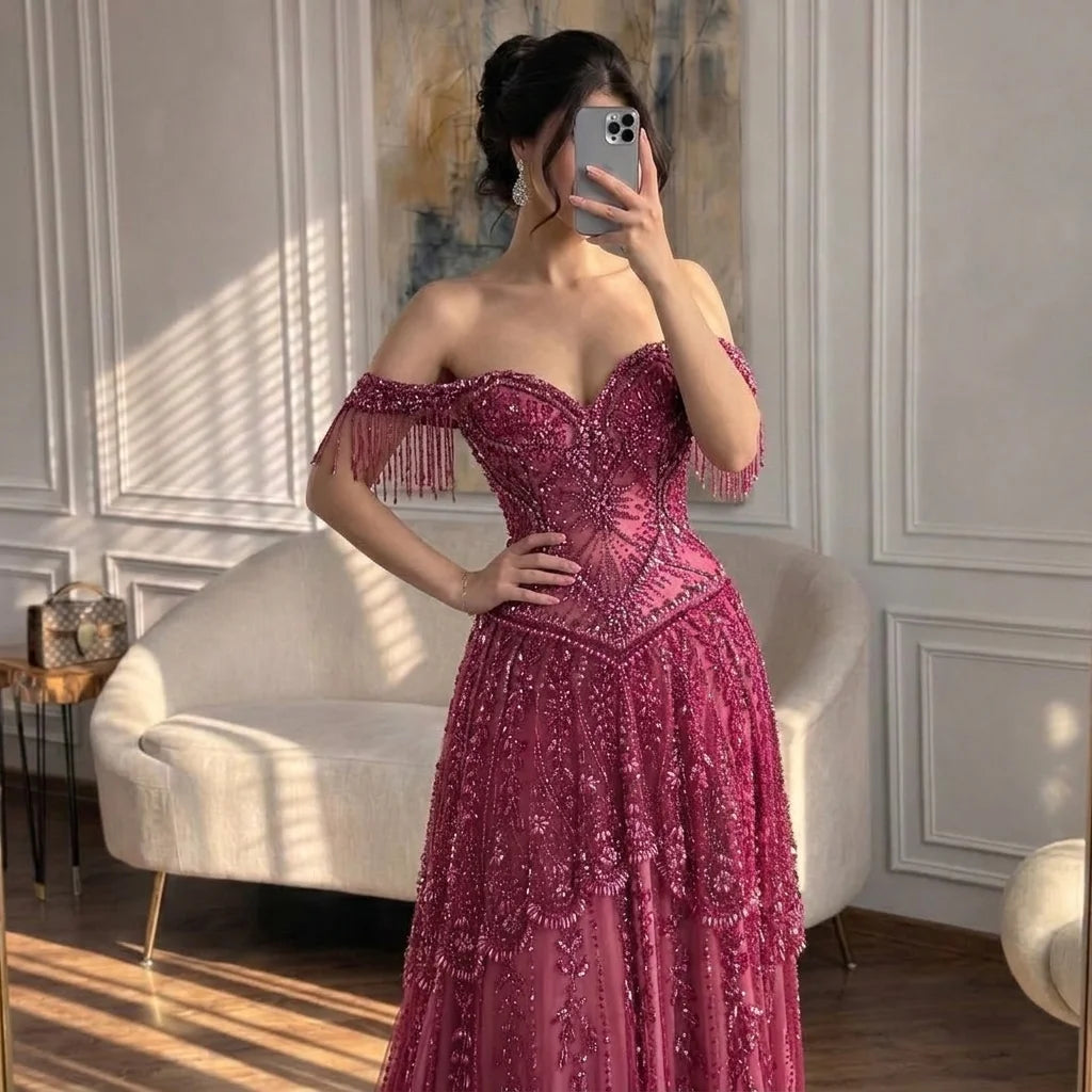 Serene Hill Fuchsia Beaded Off Shoulder Wedding Evening Dress Gown