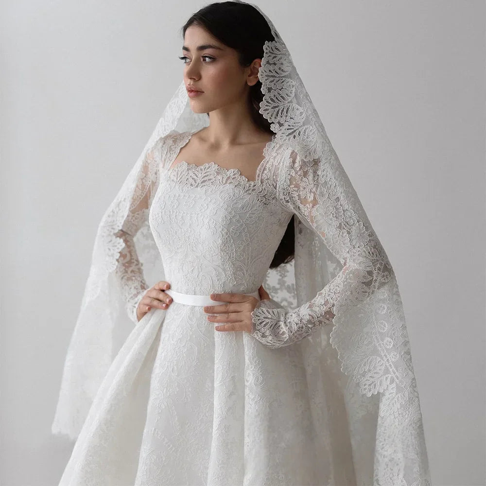 Customized Lace Wedding Dress With Long Sleeves And Square Neck Bridal Gown