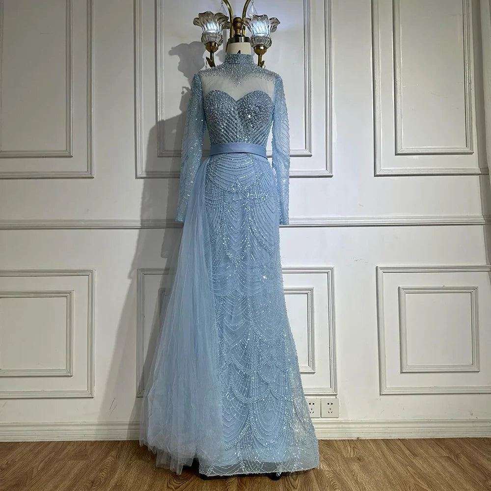 Luxury Brown Beaded Mermaid Evening Dress with Side Overskirt LA71913A