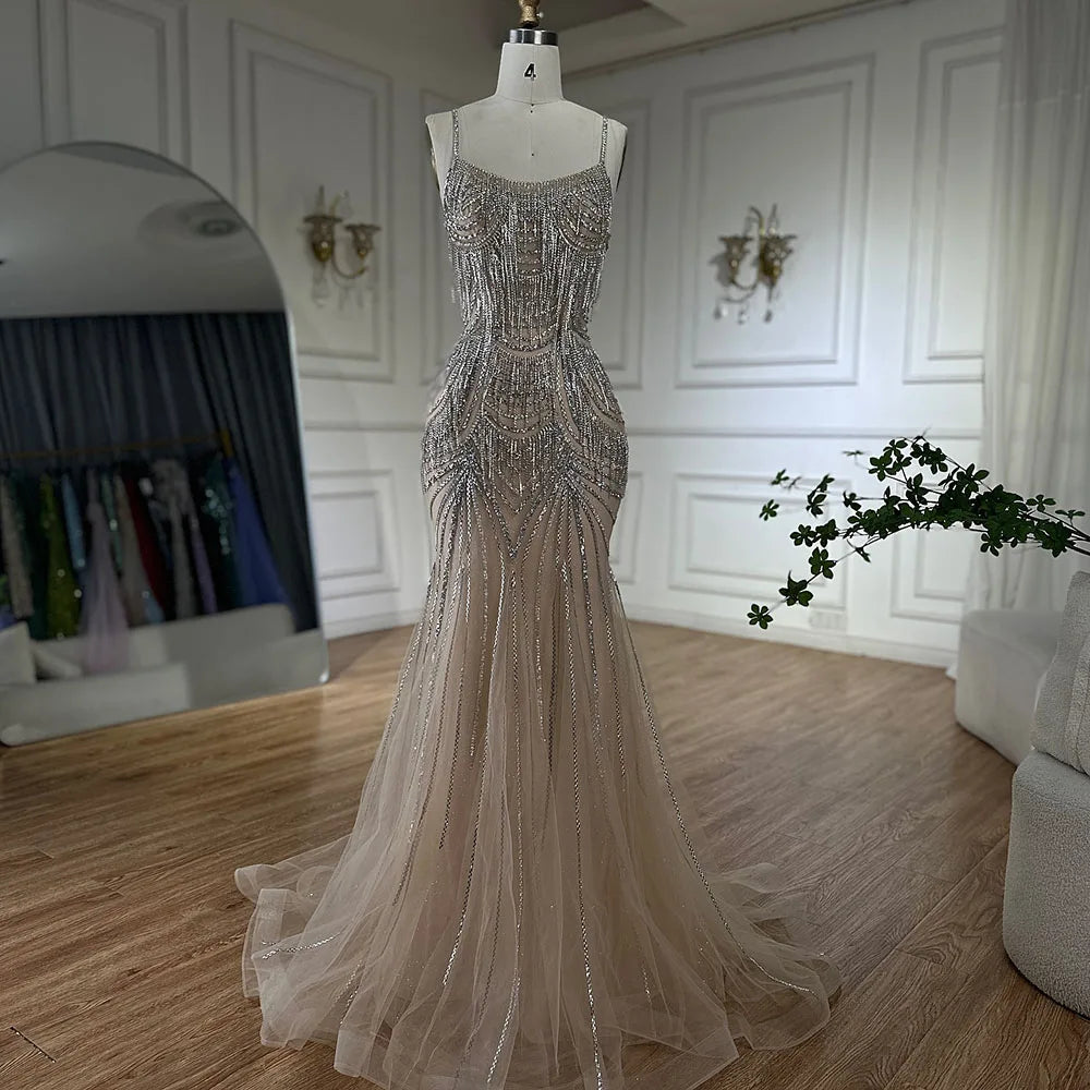 Luxury Nude Pink Crystal Tassel Mermaid Evening Dress LA72772