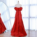 Serene Hill Elegant Red Floral Satin Off Shoulder Evening Gown
