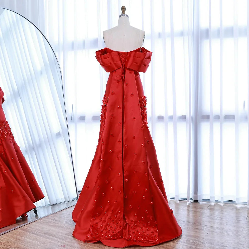 Serene Hill Elegant Red Floral Satin Off Shoulder Evening Gown