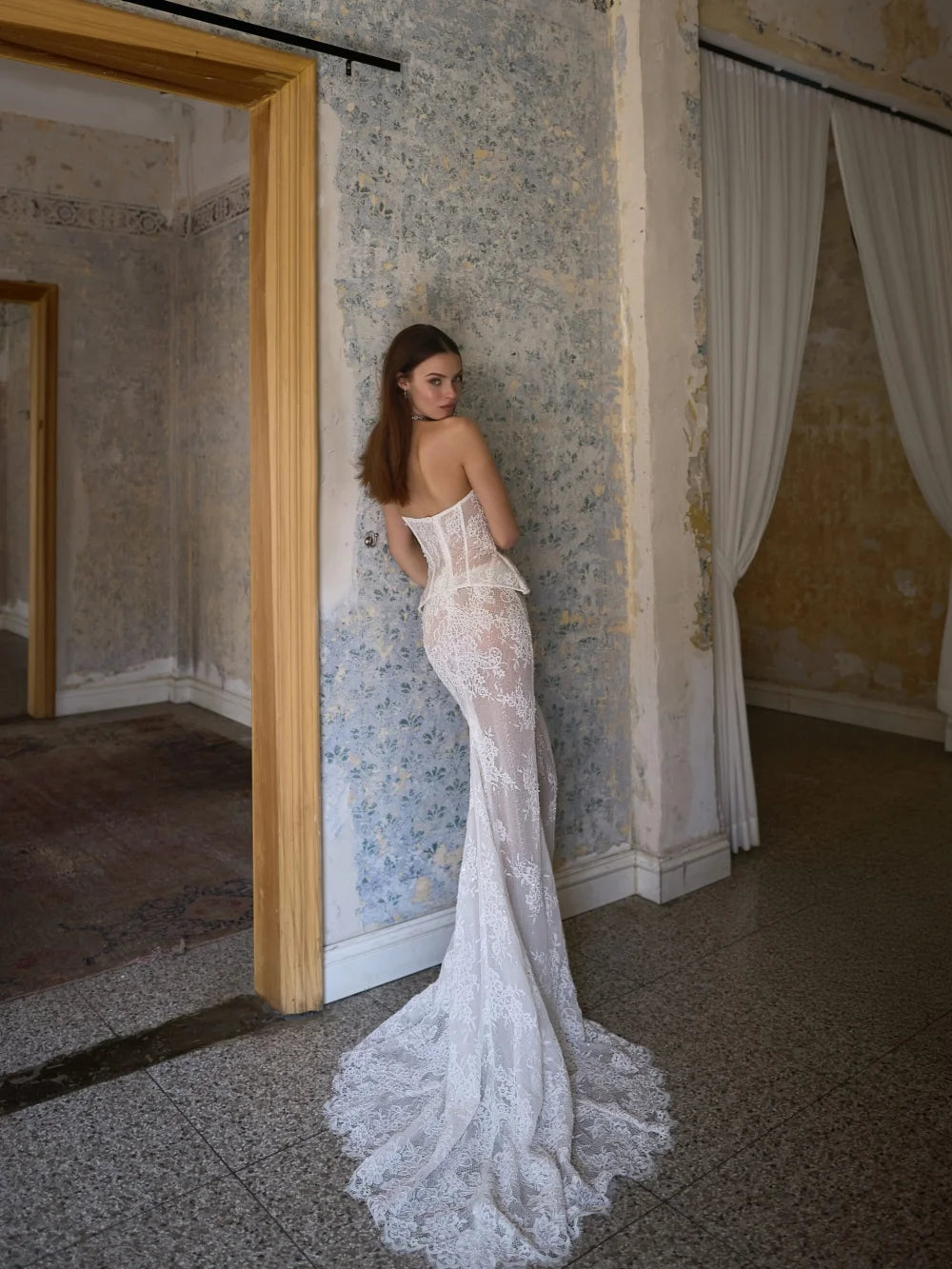 Custom Sequined Lace Corset Wedding Dress Illusion Mermaid Bridal Gown
