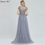 Women Custom Mermaid Evening Dress Beaded Short Sleeve Formal Gown